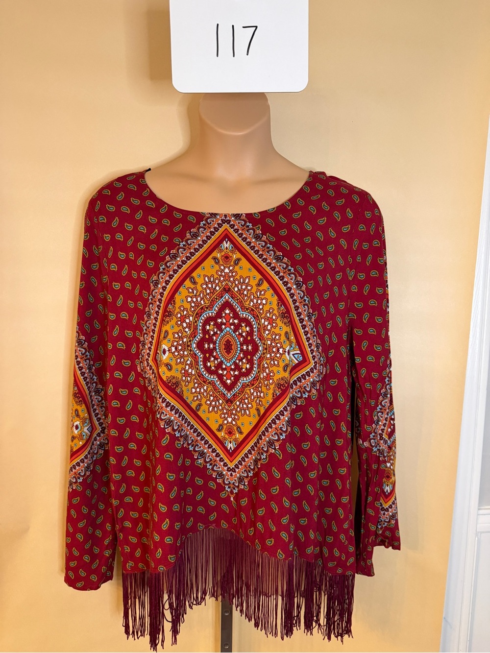 Blu Pepper Burgundy Paisley Fringe Tunic with Gold Medallion